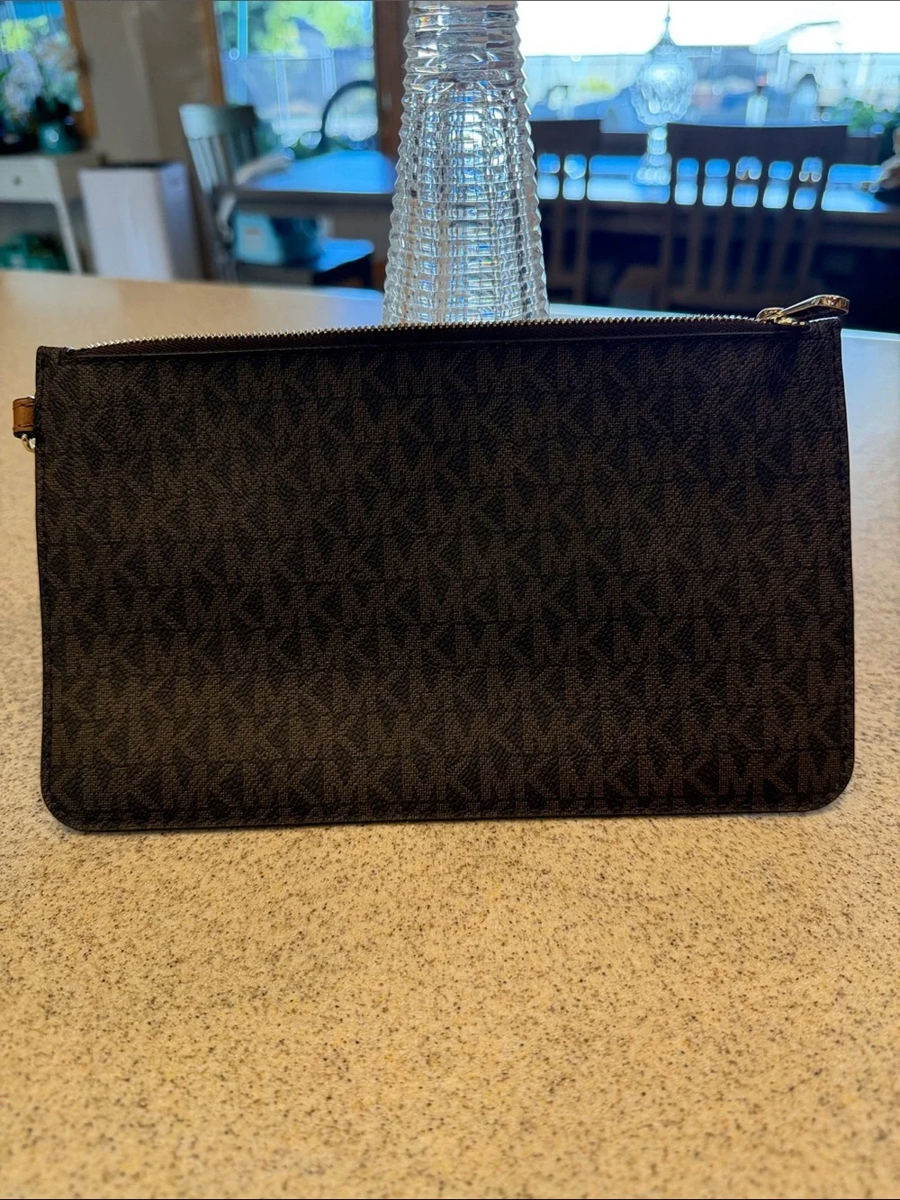 Michael Kors brown Signature Logo Zip Pouch 3 card slots, no strap, gold